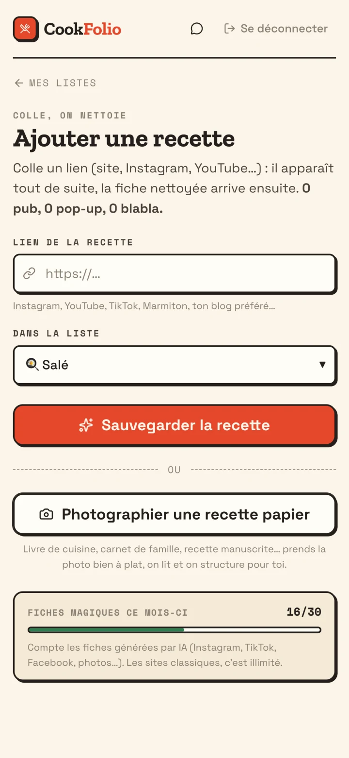 L’écran CookFolio où on colle le lien du reel