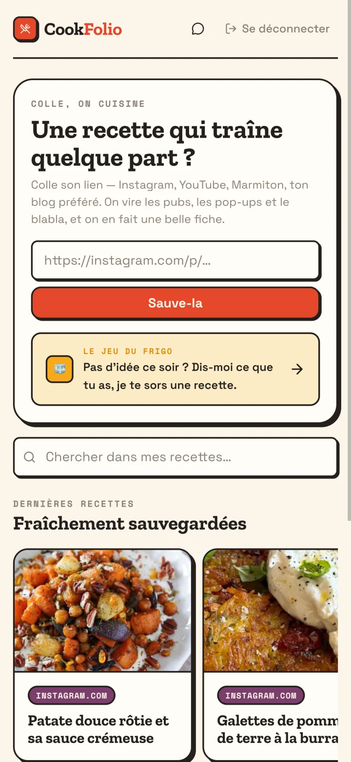 L'accueil CookFolio : tes listes de recettes