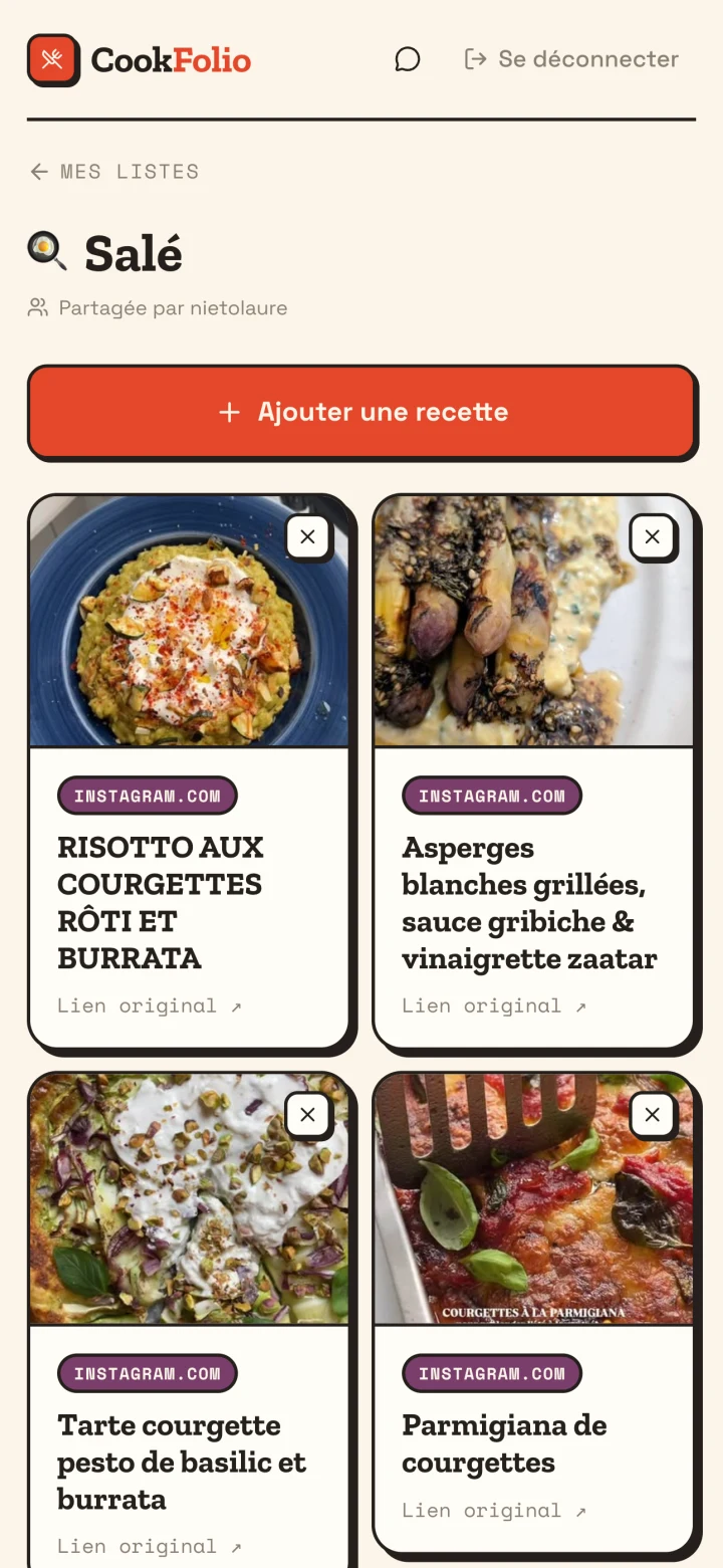 Une liste CookFolio avec ses recettes, propre et sans pub