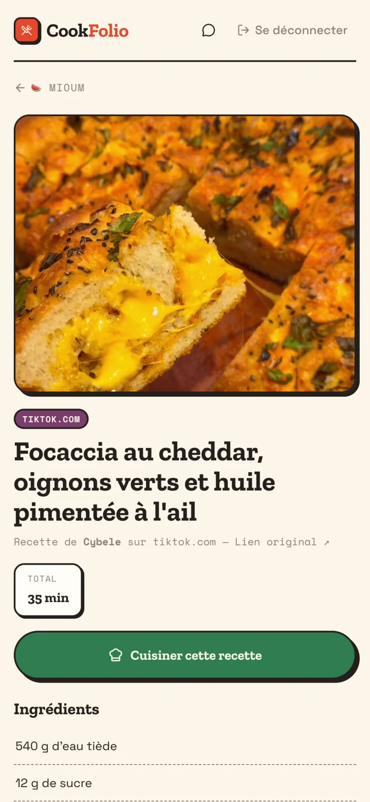 Une fiche recette CookFolio : ingrédients, étapes, temps